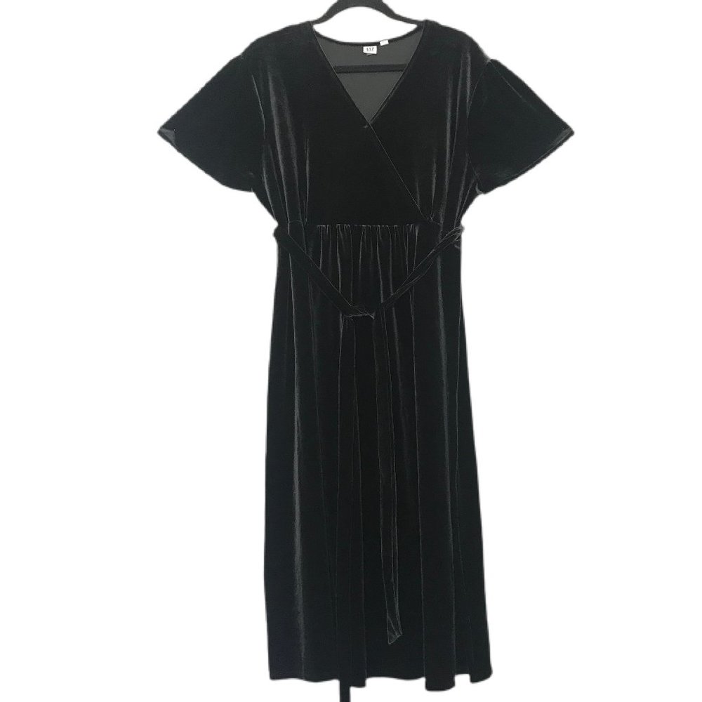 Gap Maternity True Black Velvet Crossover Neck Short Sleeve Belted Dress XXL